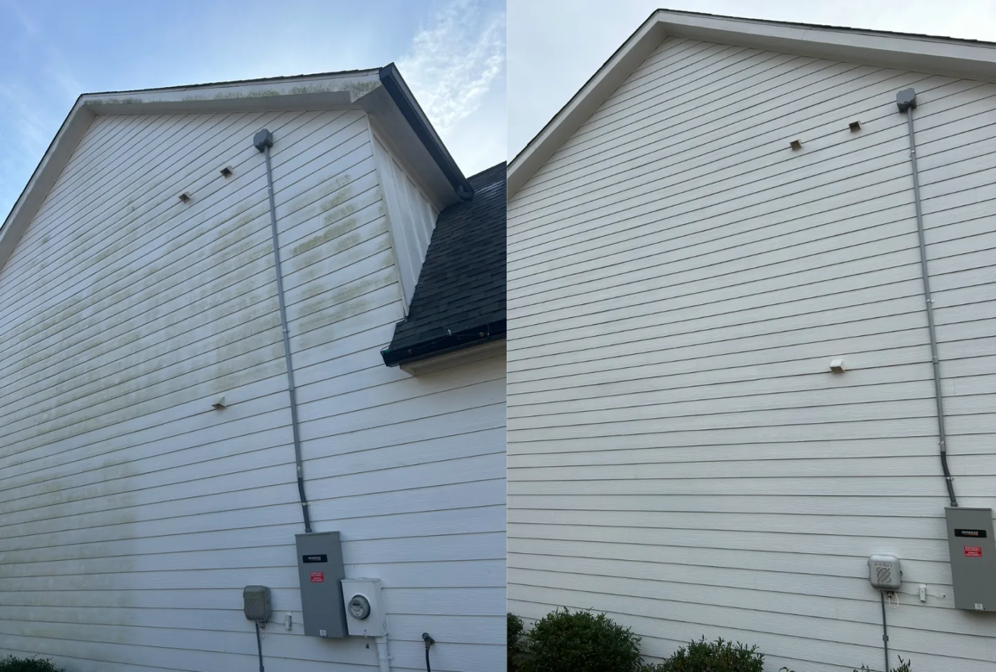 Before and after house washing, mildew and dirt removed from vinyl siding panels